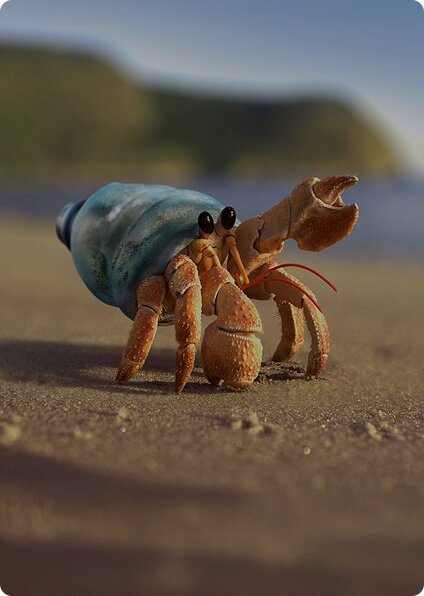 Zuzu the hermit crab with shell on sandy beach, leading fight against ocean plastic waste.