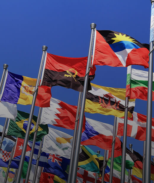 International flags representing countries across the globe