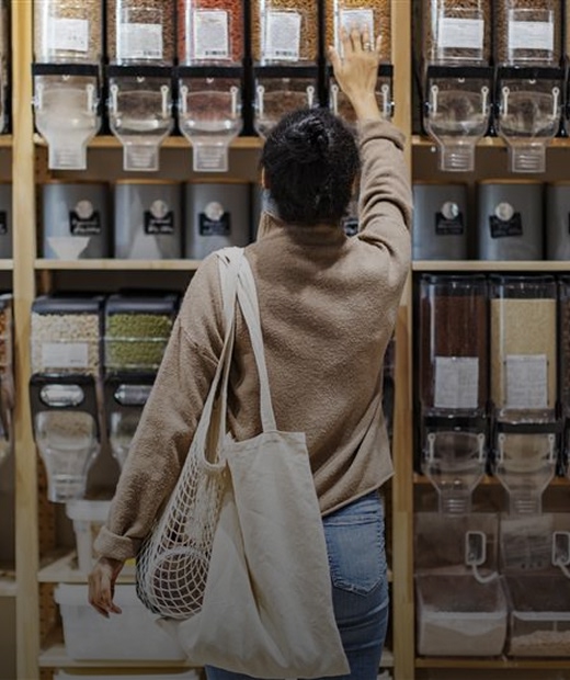Woman shopping at grain dispensers