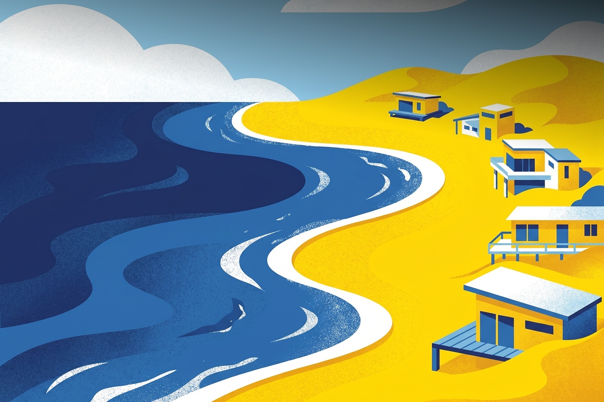 Illustrated beach scene with vibrant yellow sand, deep blue ocean waves, and stylized cabins along the shoreline, under a bright sky with fluffy clouds.
