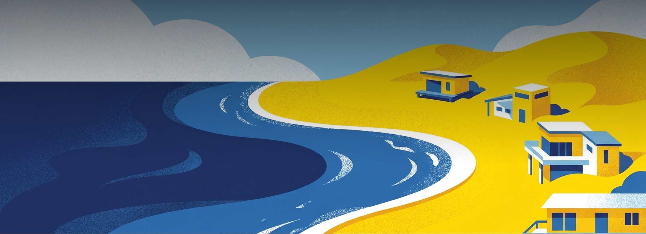 Illustrated beach scene with vibrant yellow sand, deep blue ocean waves, and stylized cabins along the shoreline, under a bright sky with fluffy clouds.