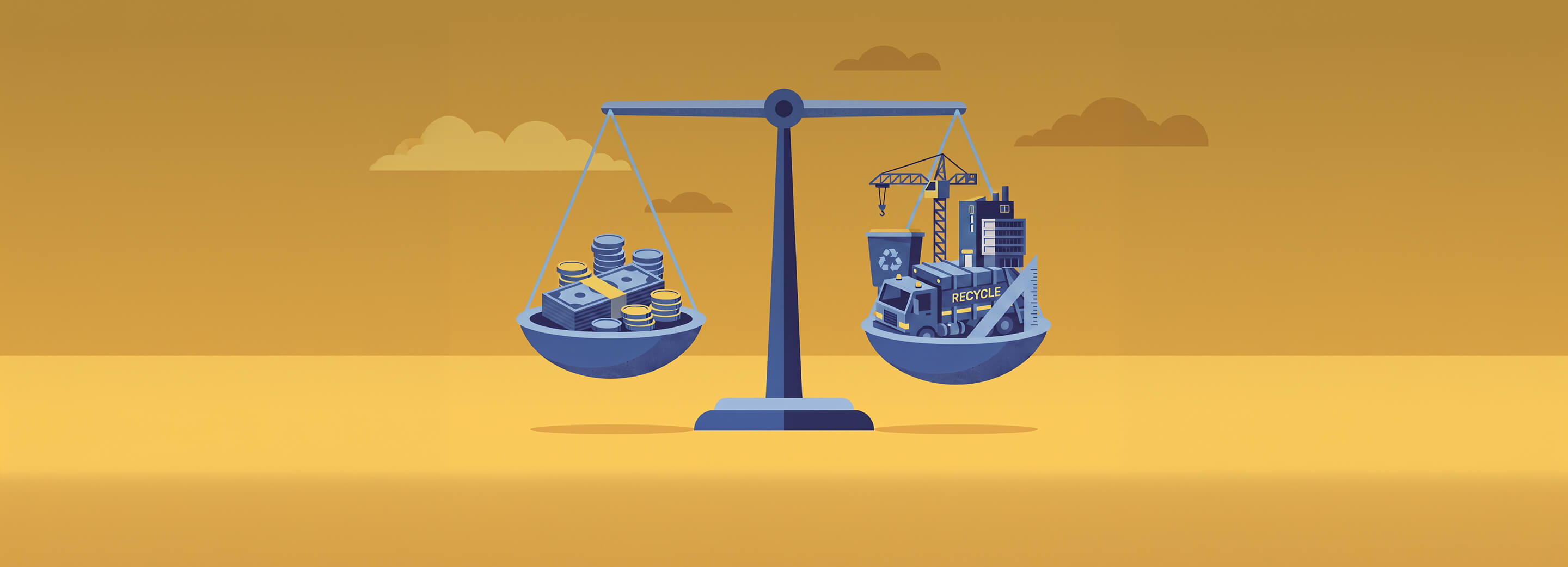 Graphic illustration of a balance scale weighing money on one side against recycling infrastructure and industrial buildings on the other.