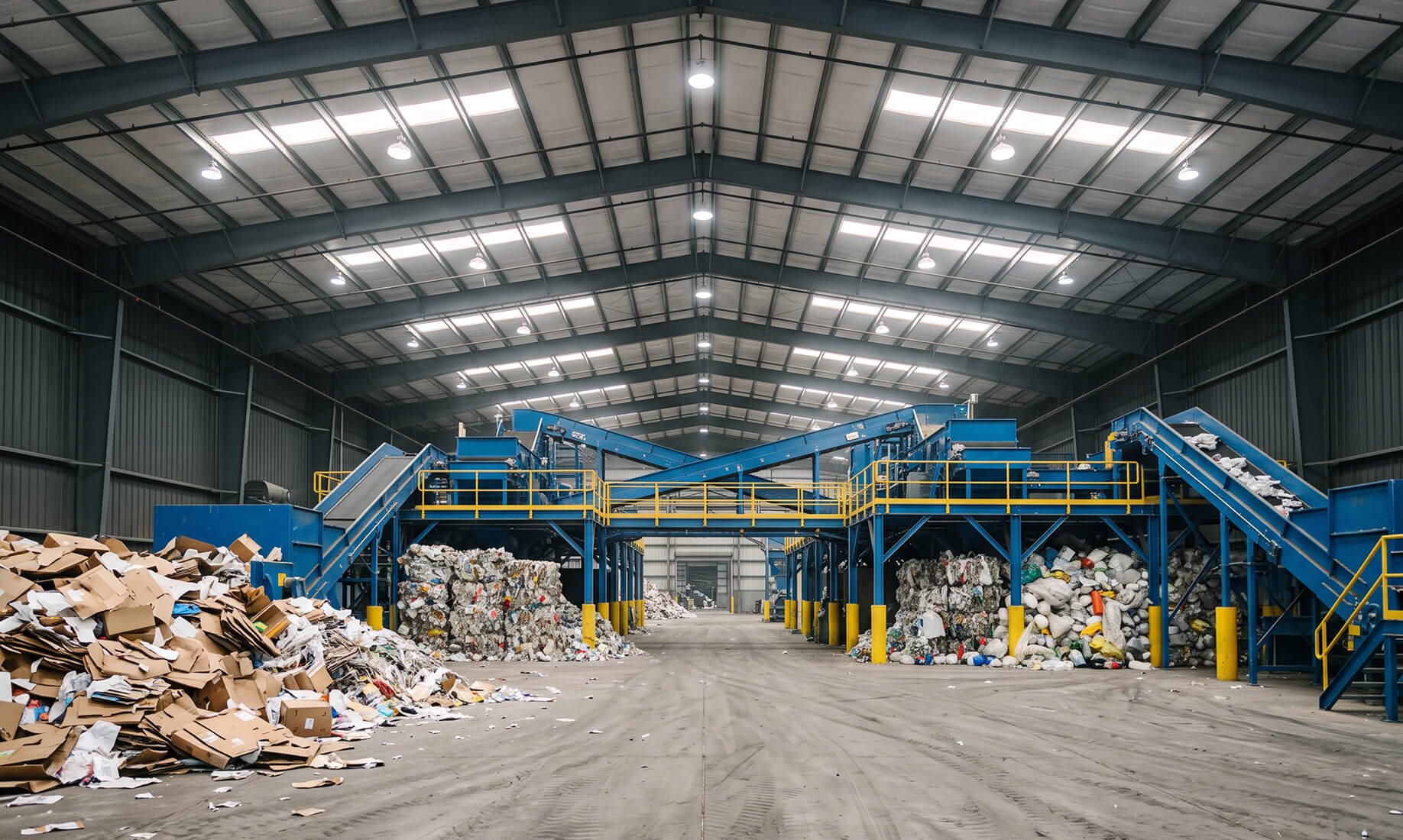 A wide view inside a vast recycling facility warehouse with high ceilings, featuring blue conveyor belt systems with yellow railings, a large pile of loose cardboard in the left foreground, and stacked bales of recycled plastics beneath the machinery.