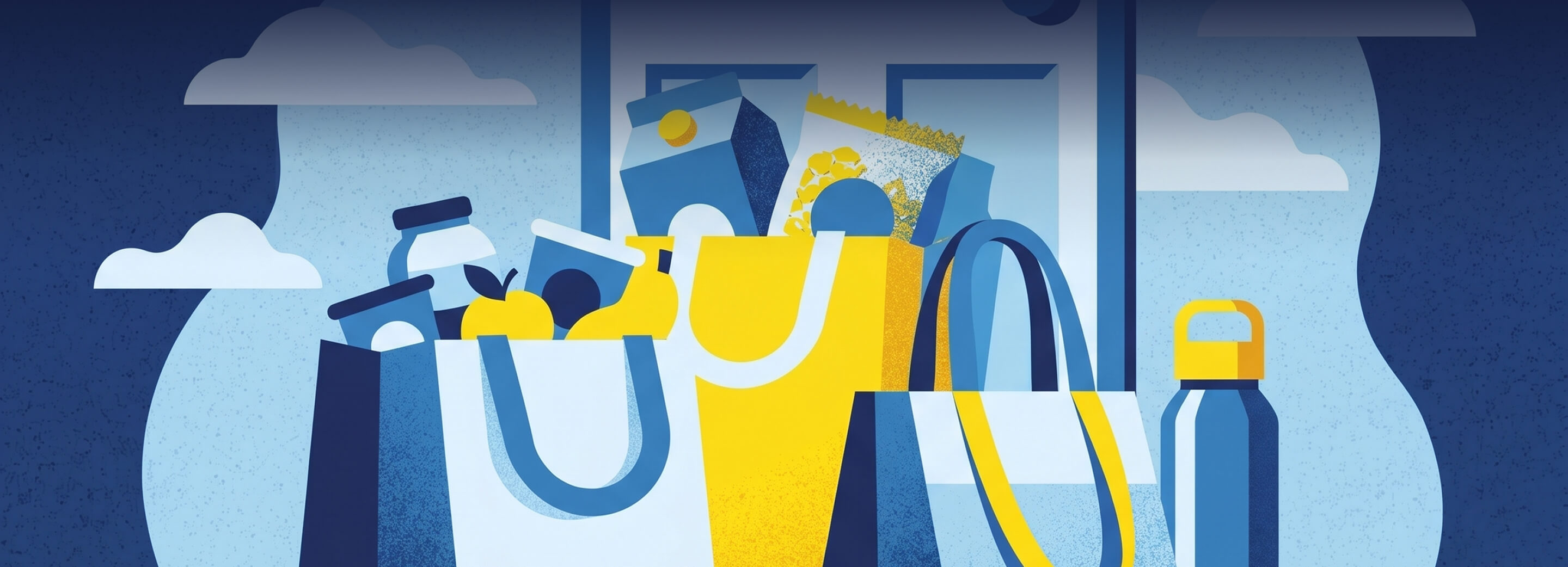 Graphic illustration of full grocery bags and a water bottle sitting outside a front door.
