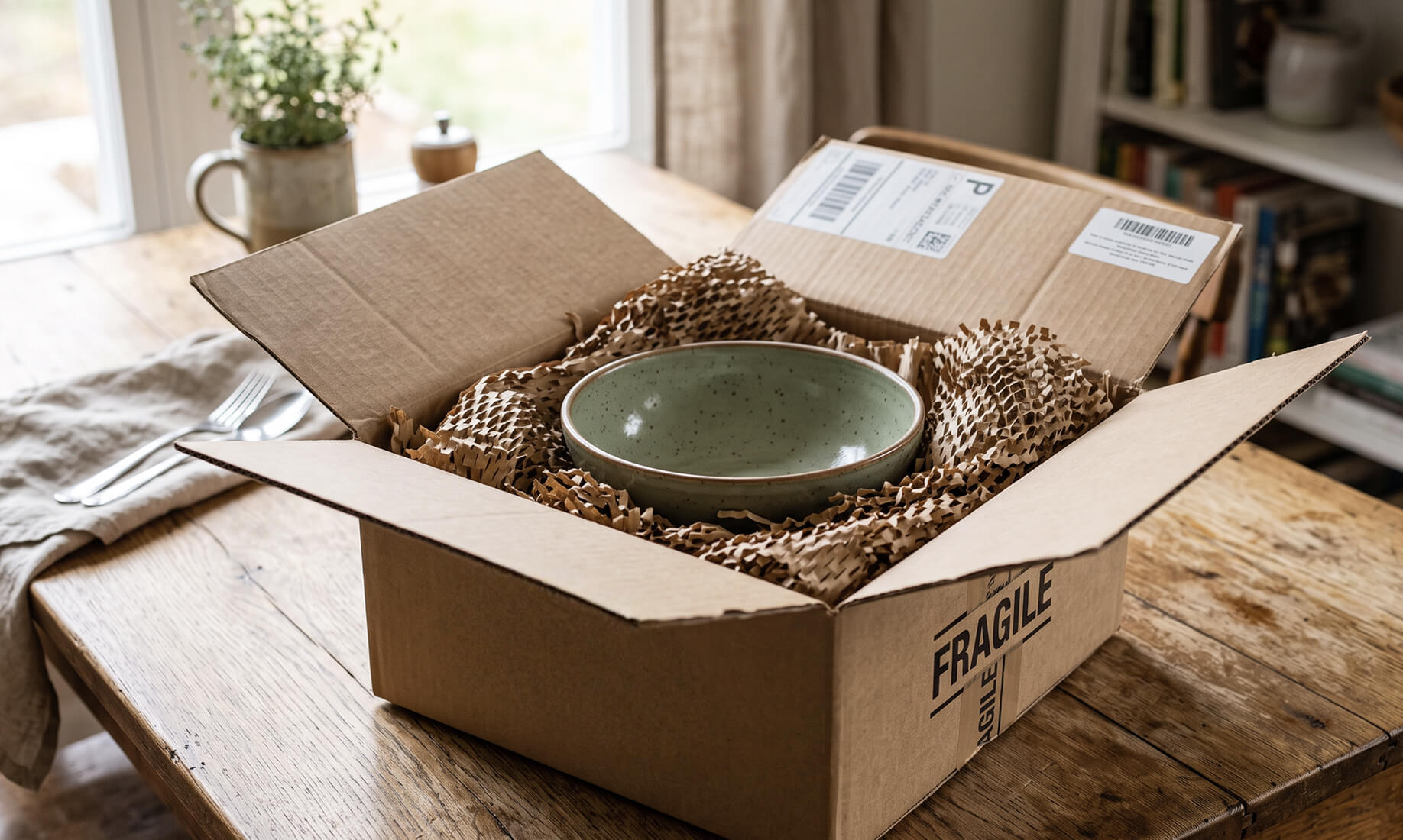 An open cardboard box sitting on a wooden table, revealing a light green speckled ceramic bowl nestled securely in brown honeycomb packing paper. The word FRAGILE is printed on the front of the box.