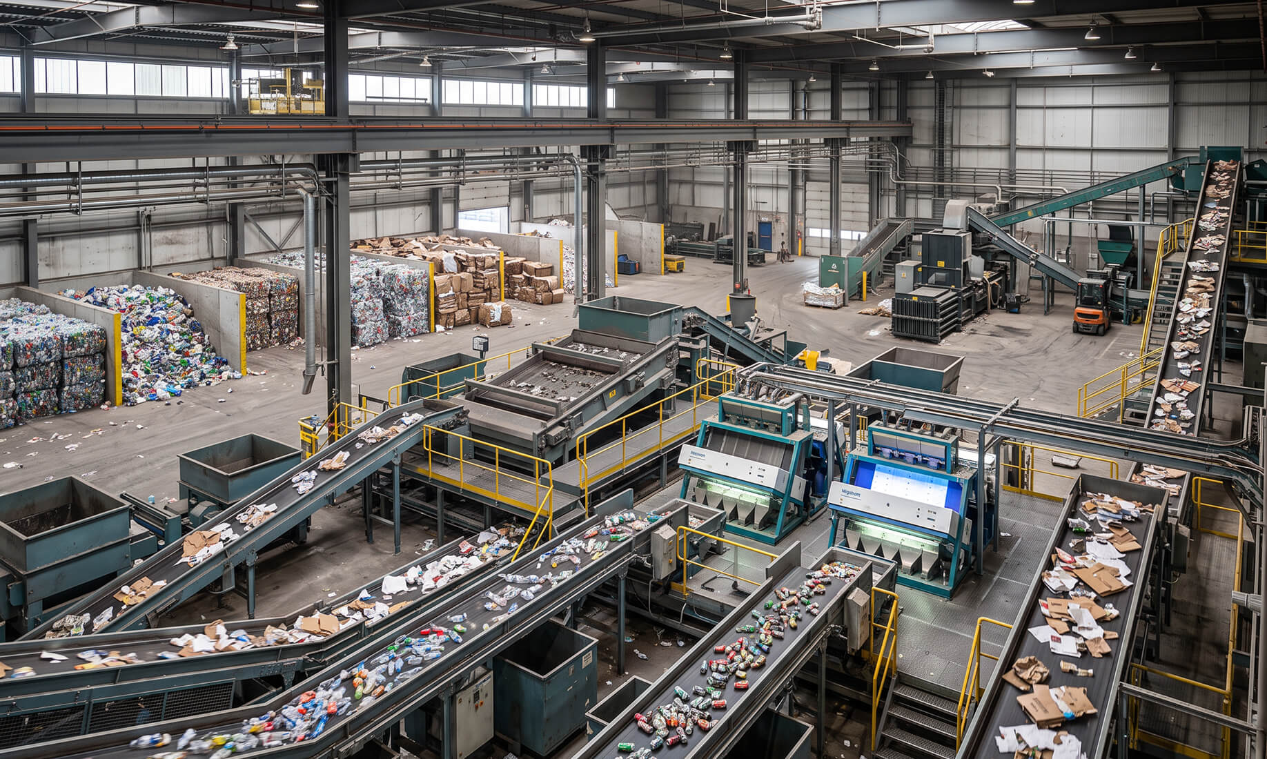 An elevated wide shot of the inside of a large industrial recycling facility, showing conveyor belts carrying plastic bottles, aluminum cans, and cardboard through sorting machinery, with large stacked bales of recycled materials in the background.