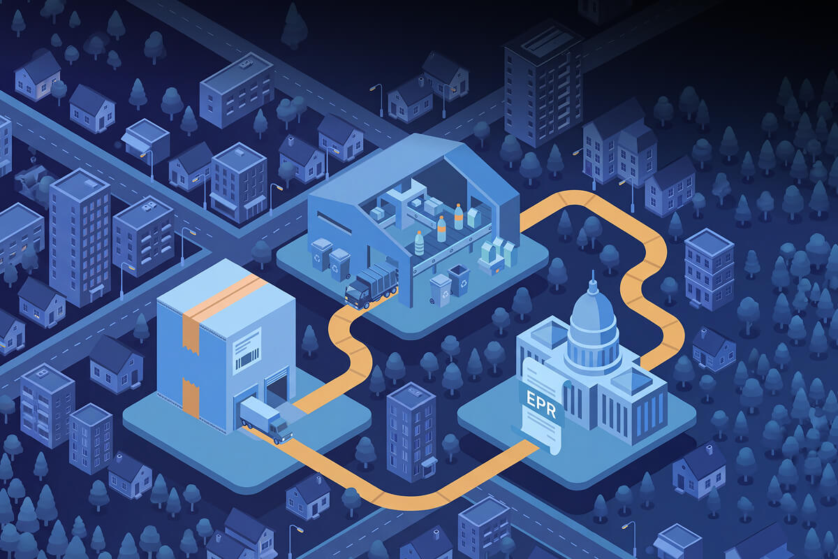 An illustration rendered in a dark blue night scene with glowing yellow accents depicts the policy lifecycle connecting production, government regulation, and recycling.